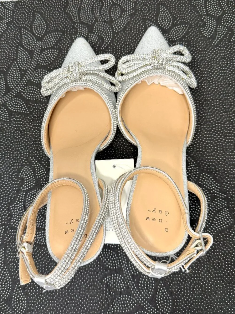 A New Day Carmin Pointed‎ Silver Rhinestone Bow Ankle Strap Shoes Woman's size 9